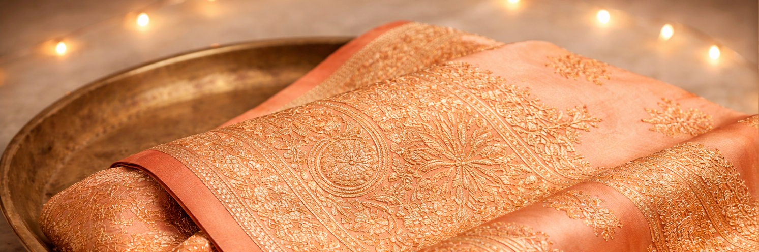 Decorative fabric with intricate patterns on a metallic tray against a warm, glowing background.